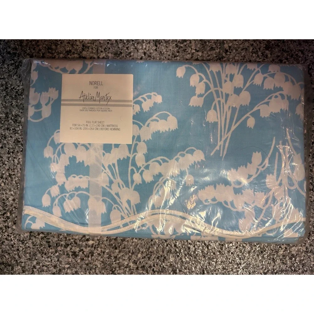 Vintage Norell Atelier Martex Full Flat Sheet Blue Lily of the Valley Cotton NOS